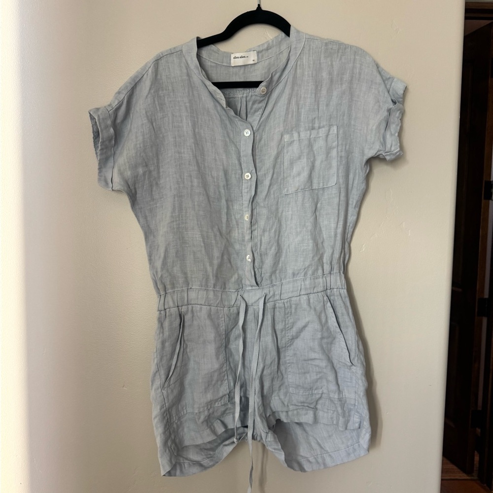 Allen Allen Linen Romper XS Coastal Minimalist Drawstring Button Front Vacation